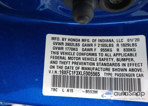 2020 Honda Civic Ex z USA, uszkodzony, nr VIN 19XFC1F3XLE005565